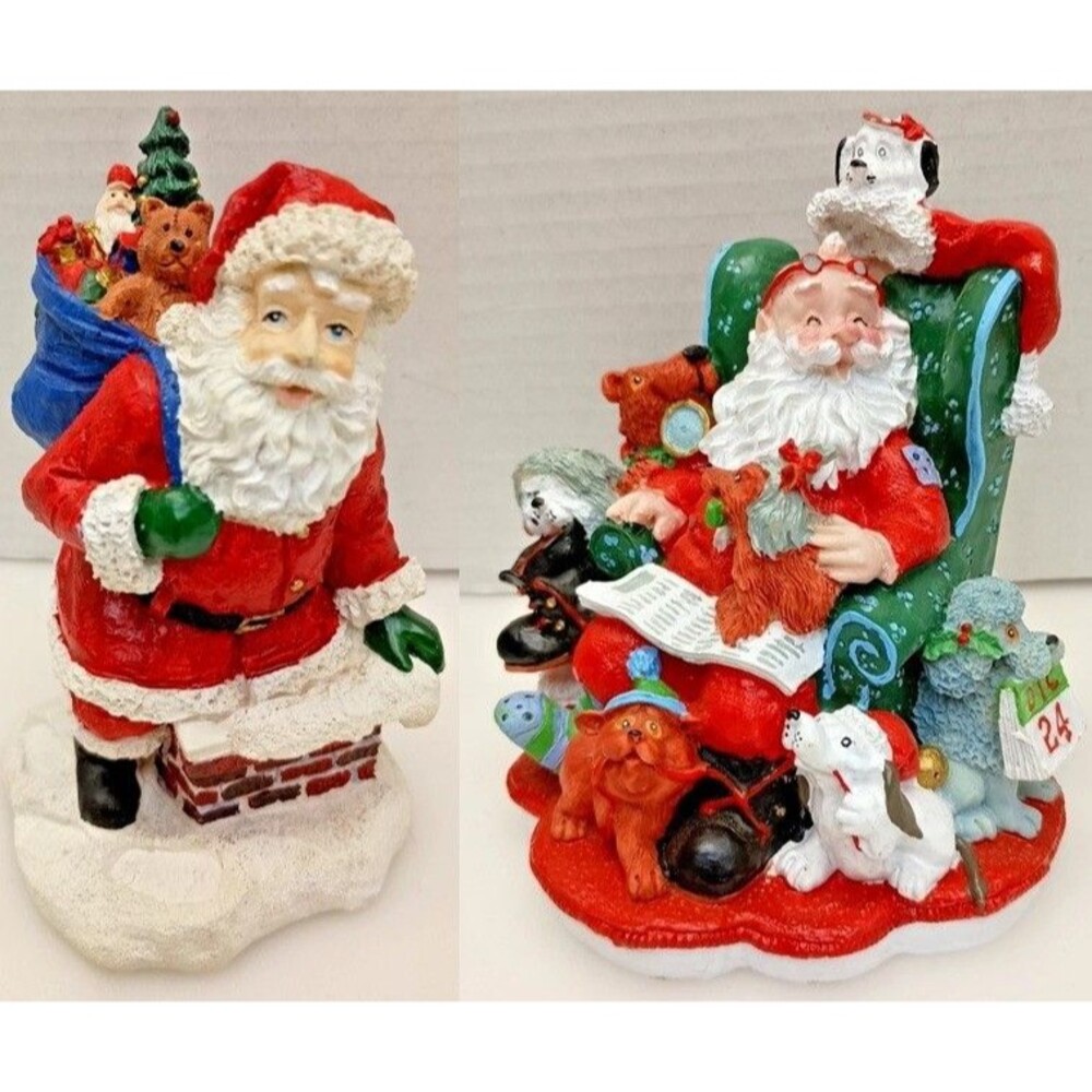 Lot of 2 Santa Figurines Christmas Decor Resin + Ceramic Vintage Holiday